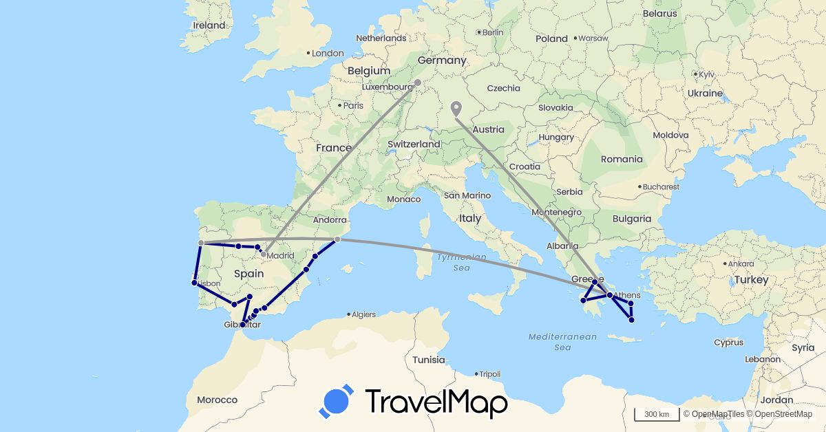 TravelMap itinerary: driving, plane in Germany, Spain, Gibraltar, Greece, Portugal (Europe)