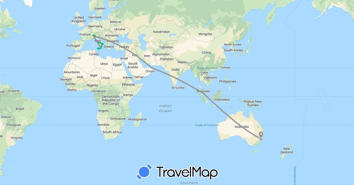 TravelMap itinerary: driving, bus, plane, train, boat in Australia, Italy, Malaysia, Oman (Asia, Europe, Oceania)